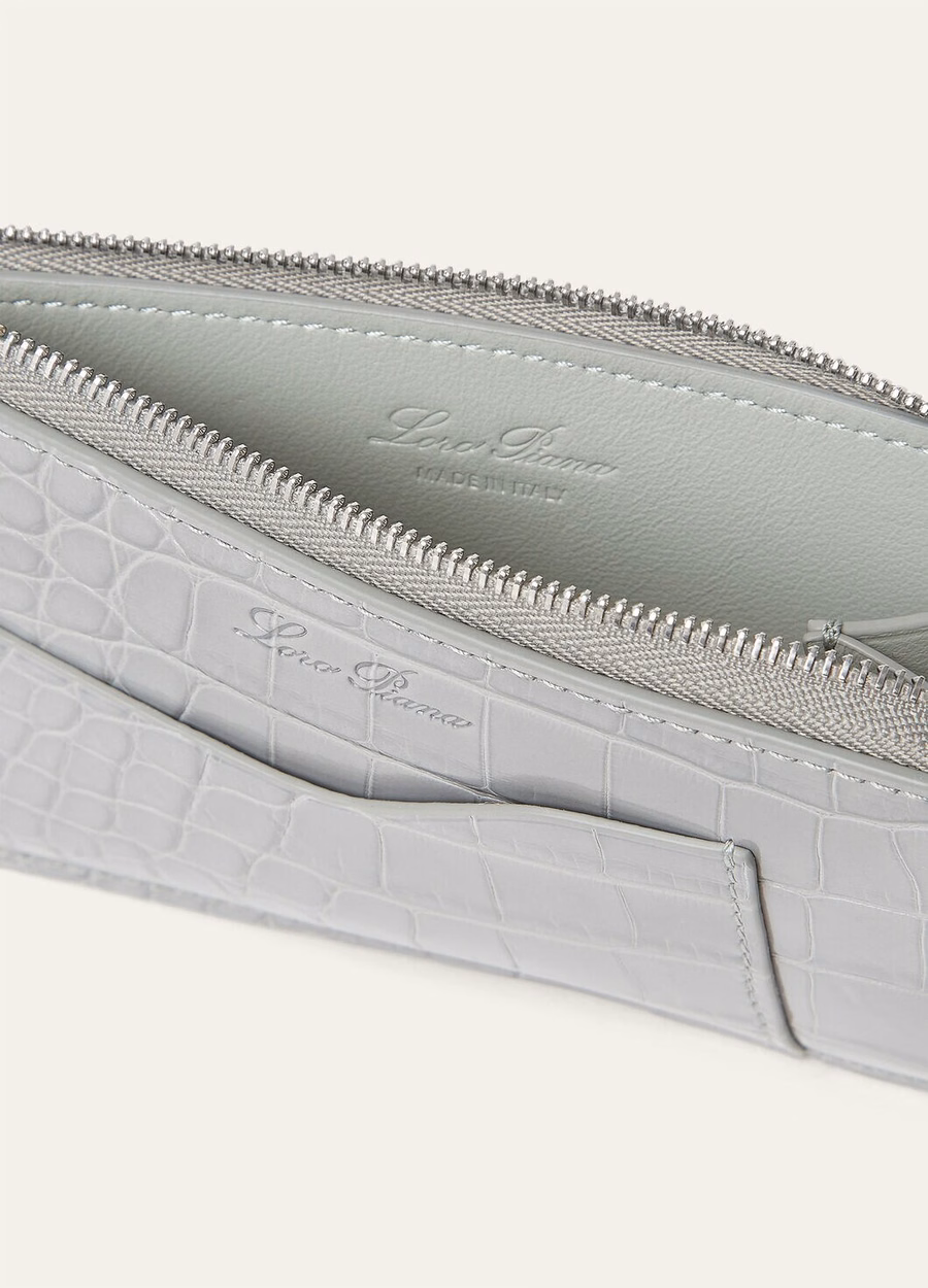 Extra zipped pouch made of alligator leather Eucalyptus/antique silver
