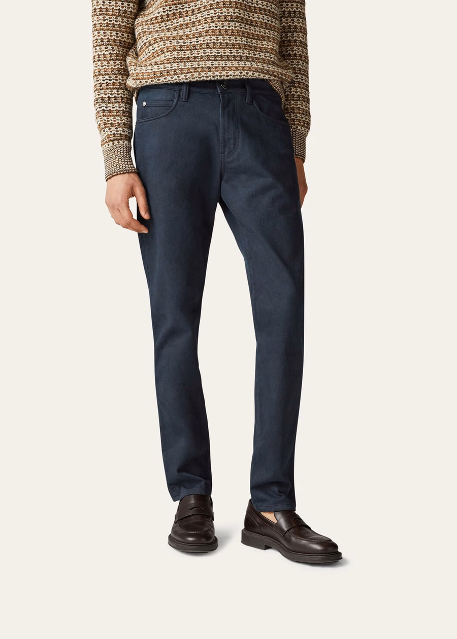 Navy blue cotton five-pocket trousers