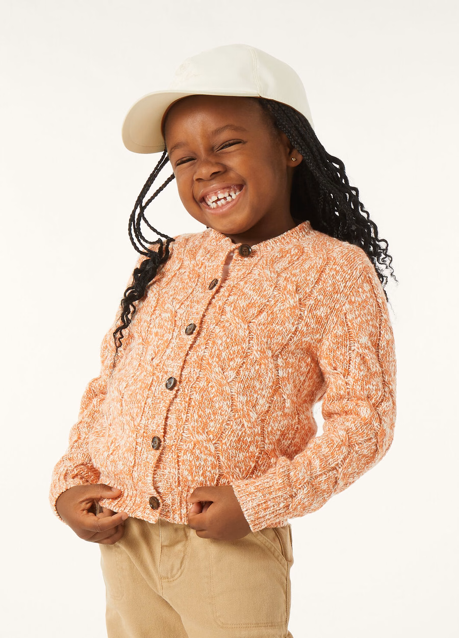 Children's Cardigan Cable Dream Cotton Cashmere Poppy Orange/White
