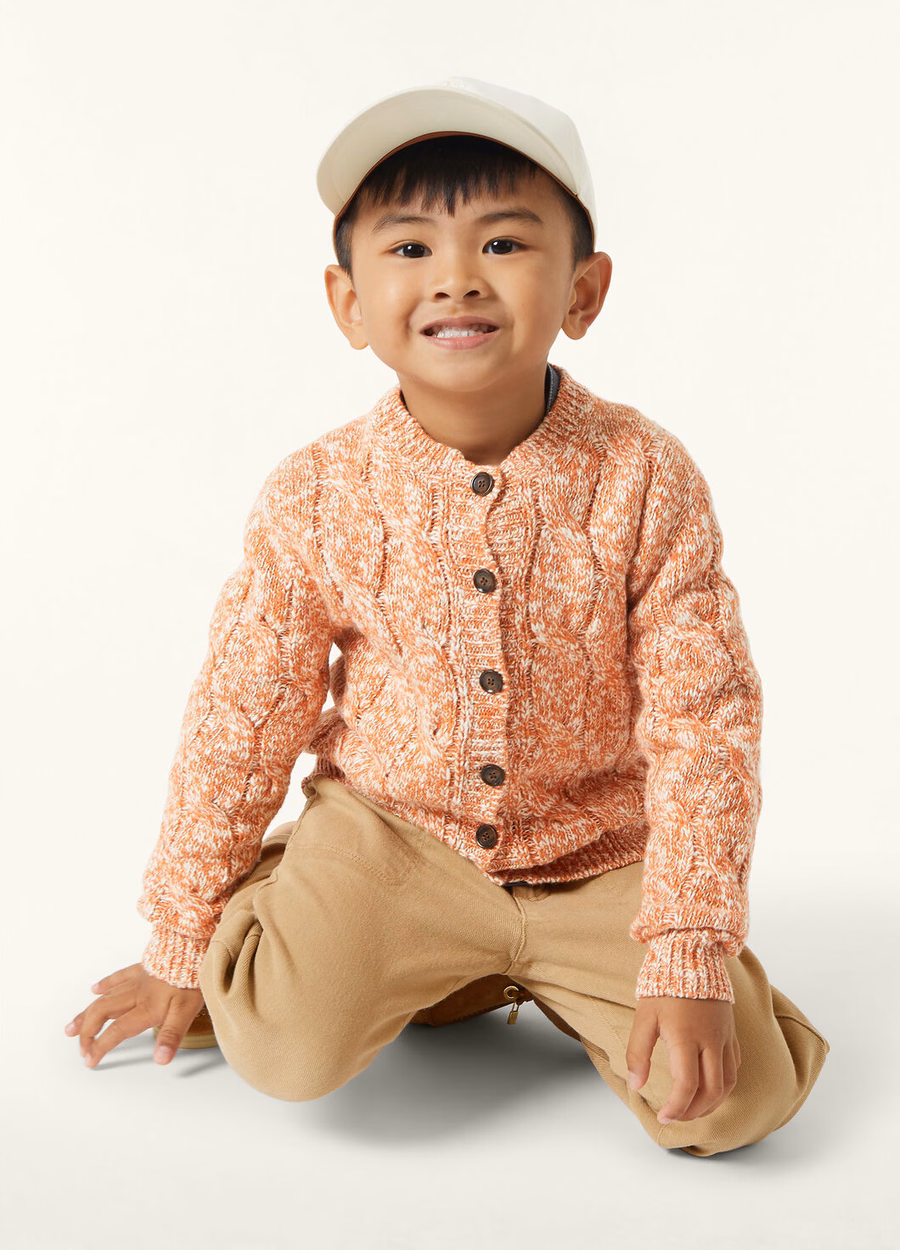 Children's Cardigan Cable Dream Cotton Cashmere Poppy Orange/White