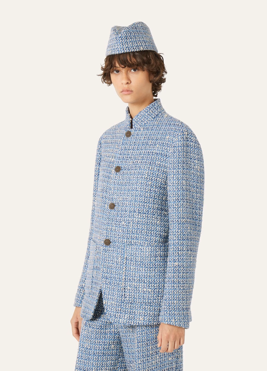 Spagna Jacket In Silk Virgin Wool Blue Fabric