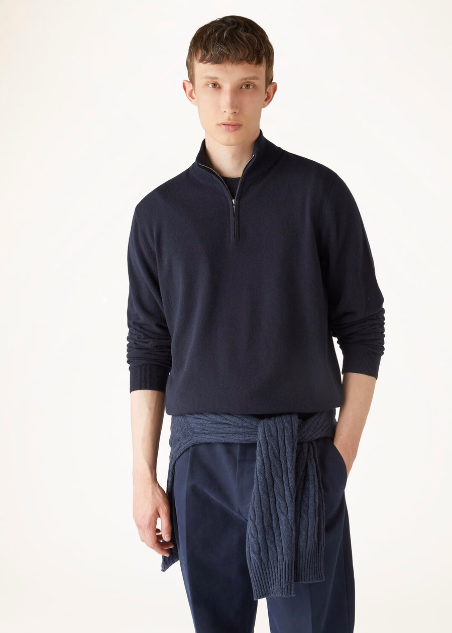 Classic cashmere for children with half zip Navy blue
