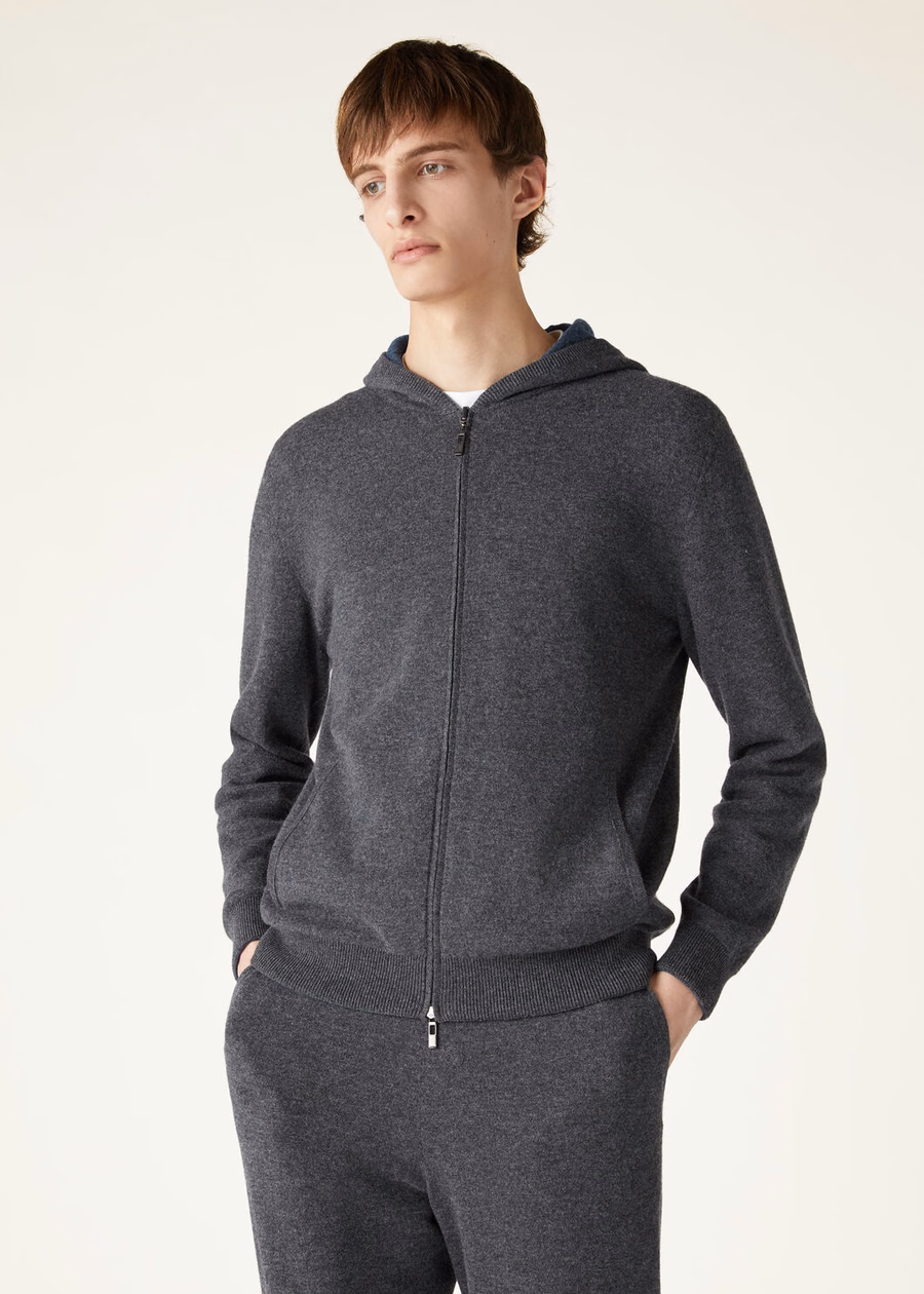 Duo Cashmere Melange Teal/Charcoal Melange Hooded Bomber Sweater