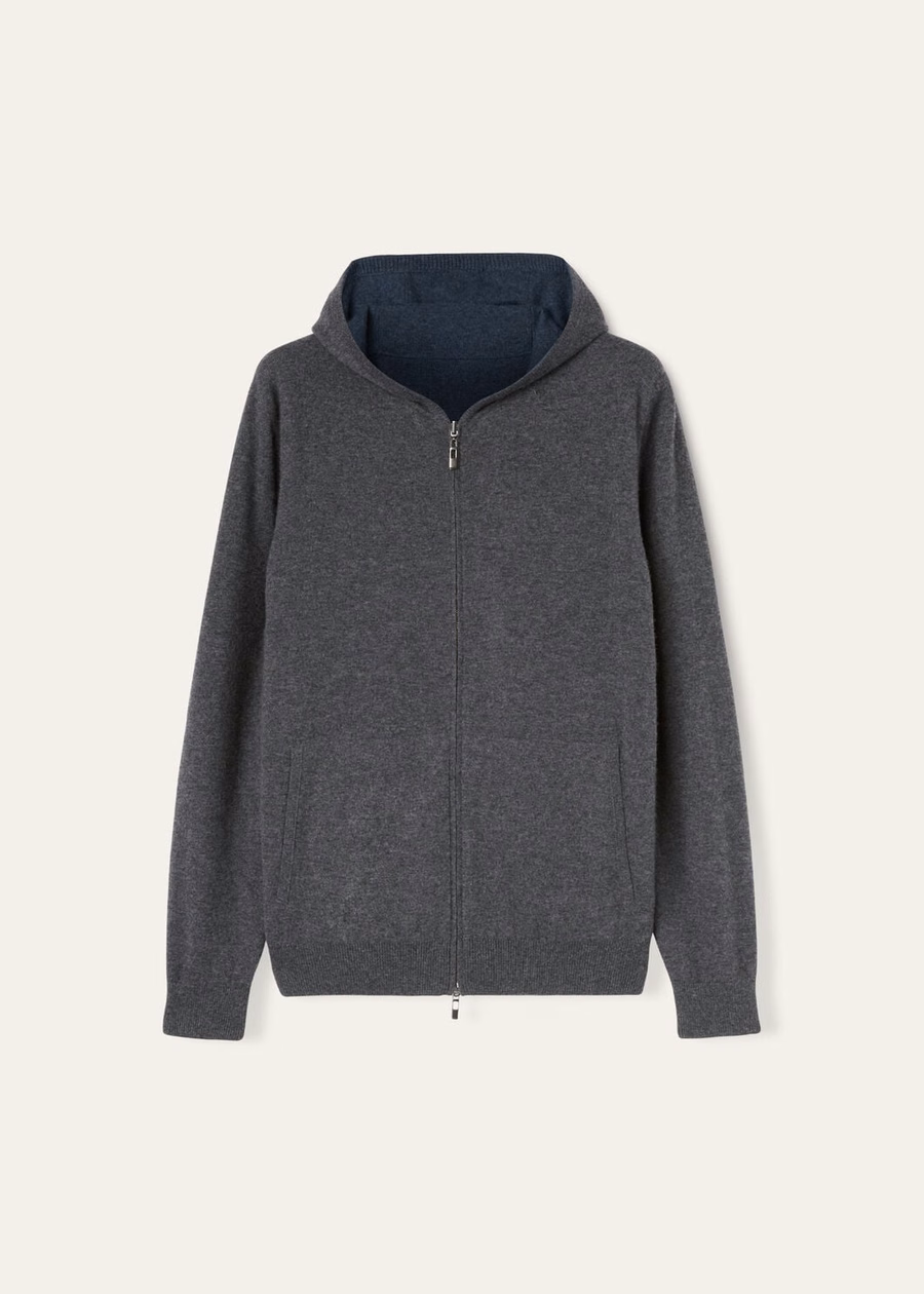Duo Cashmere Melange Teal/Charcoal Melange Hooded Bomber Sweater