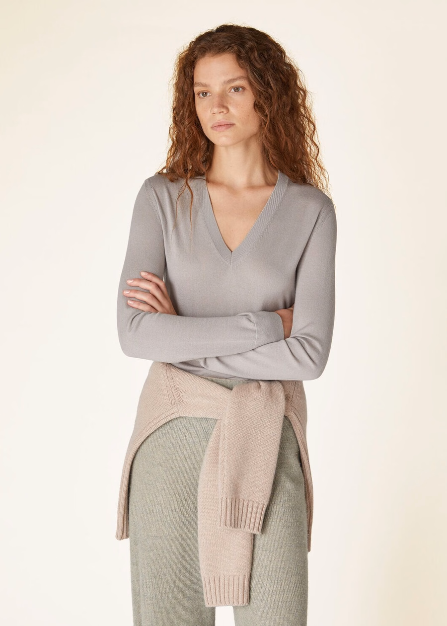 New Piuma V-Neck Cashmere Azure Grey/Denim Blue