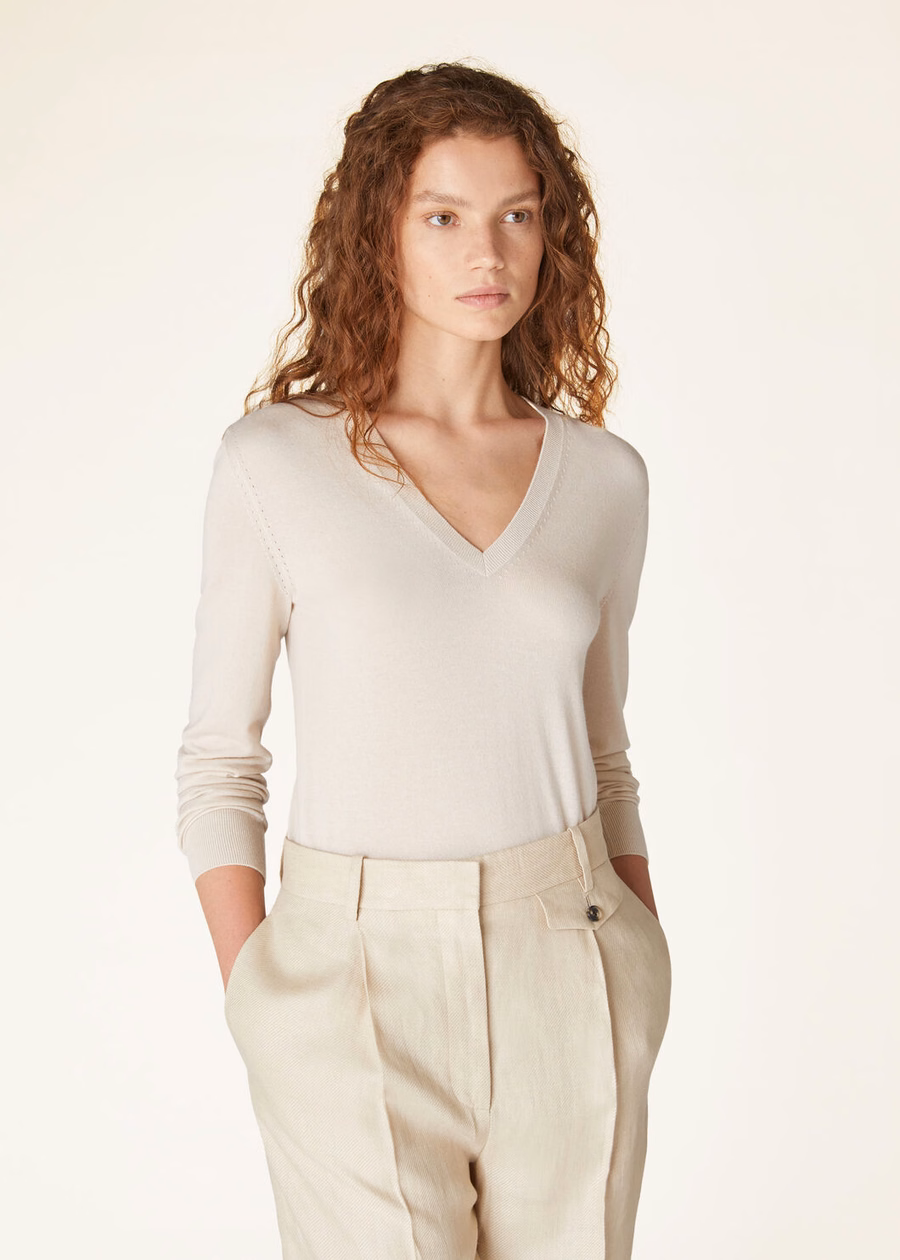New Cashmere Tapioca Feather V-Neck