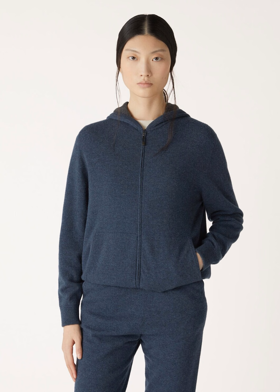 Duo Cashmere Melange Teal/Charcoal Melange Hooded Bomber Sweater