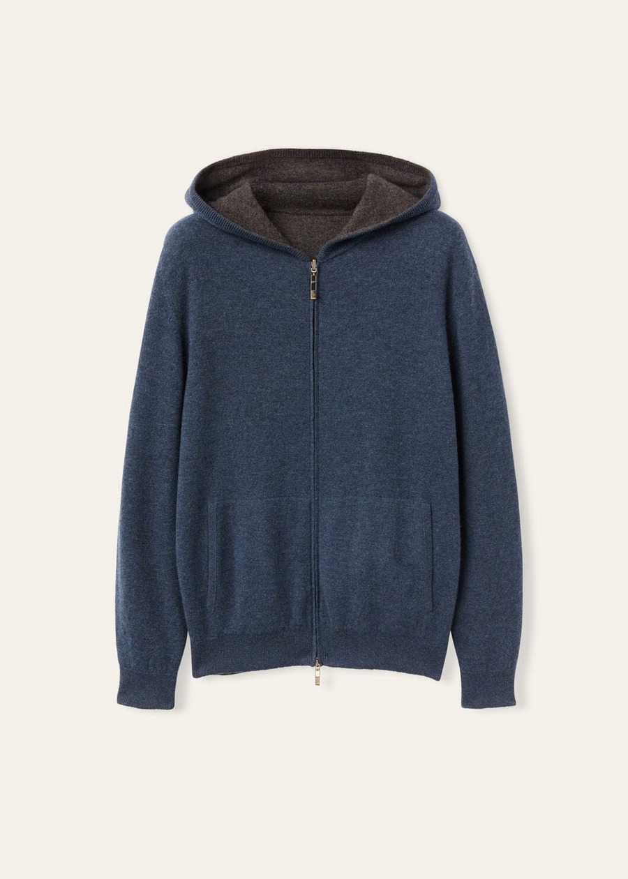 Duo Cashmere Melange Teal/Charcoal Melange Hooded Bomber Sweater