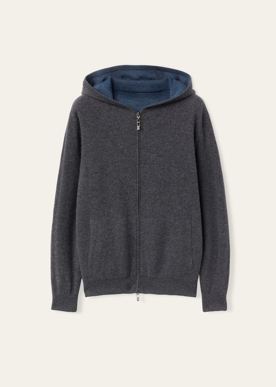 Duo Cashmere Melange Teal/Charcoal Melange Hooded Bomber Sweater
