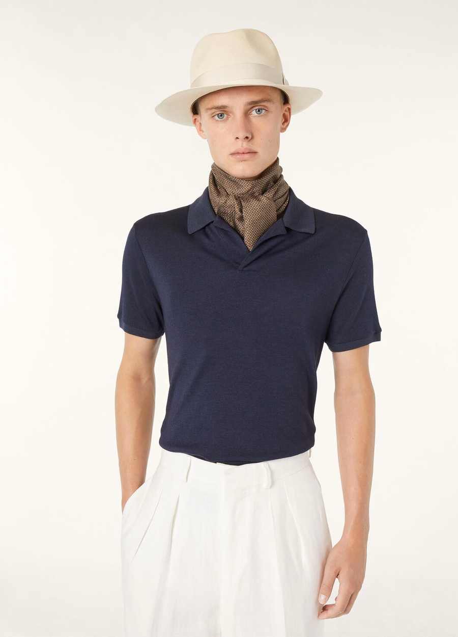 Silk Cashmere Ombre Blue Open Polo Shirt